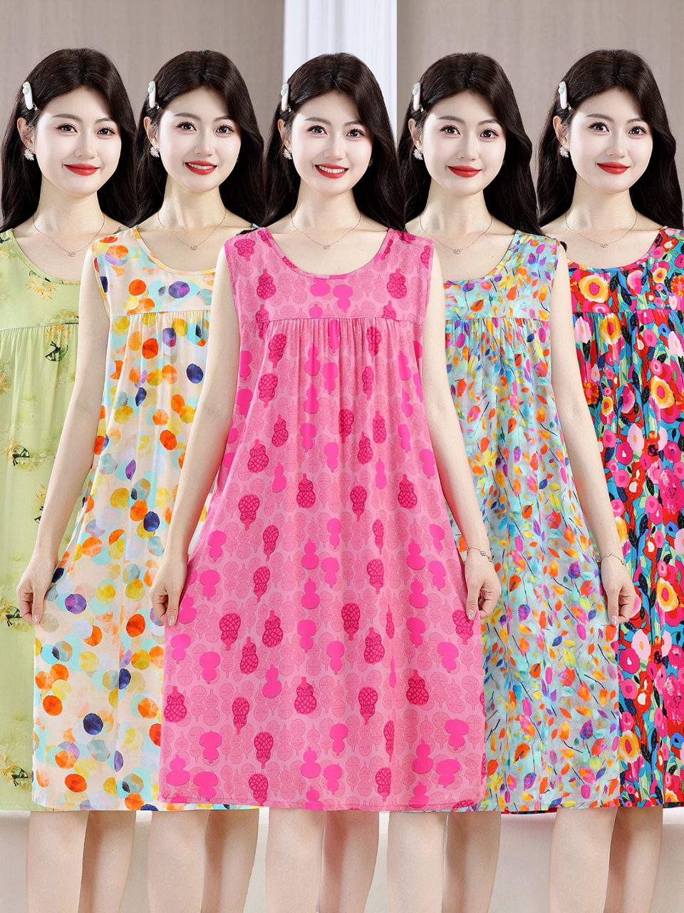 Summer Clothing For 60 Year Old Woman - Ladies Cotton Silk Sleeveless Dress Mid-Length