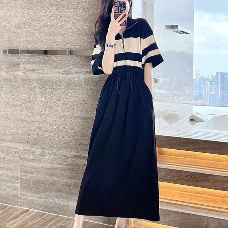 Summer Clothing Young Women - Fashion Lapel Zipper Shirring Bandage Striped