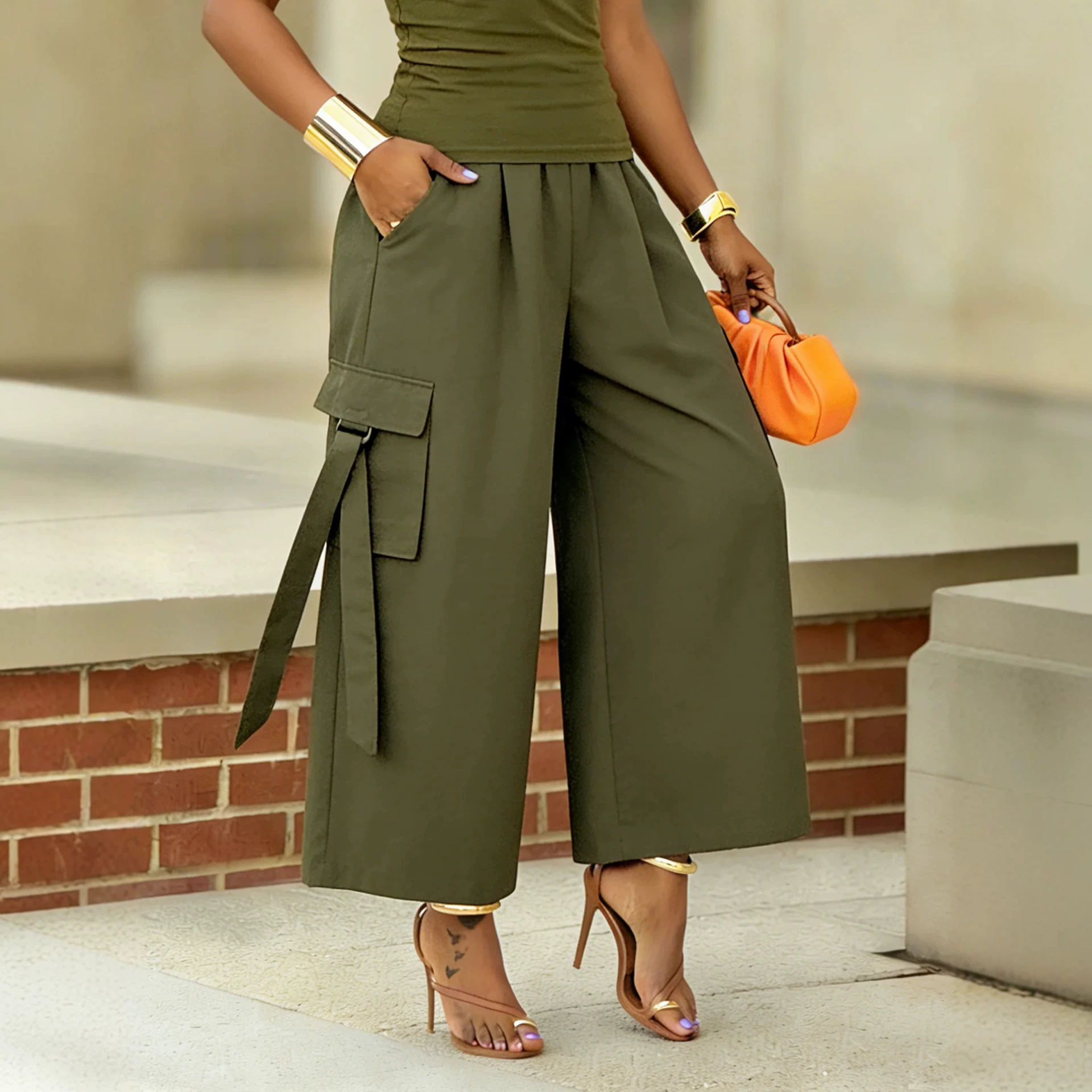 Palazzo Pant Wide - High Waist Cargo Wide Leg Cropped