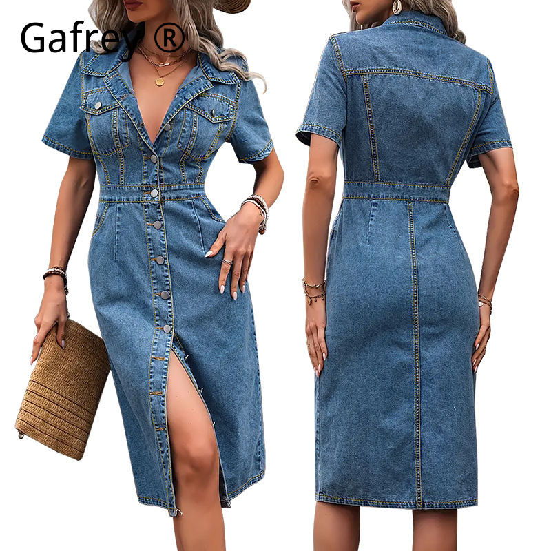 Summer Upf Clothing - Plus Size Women Lapel Denim Dress