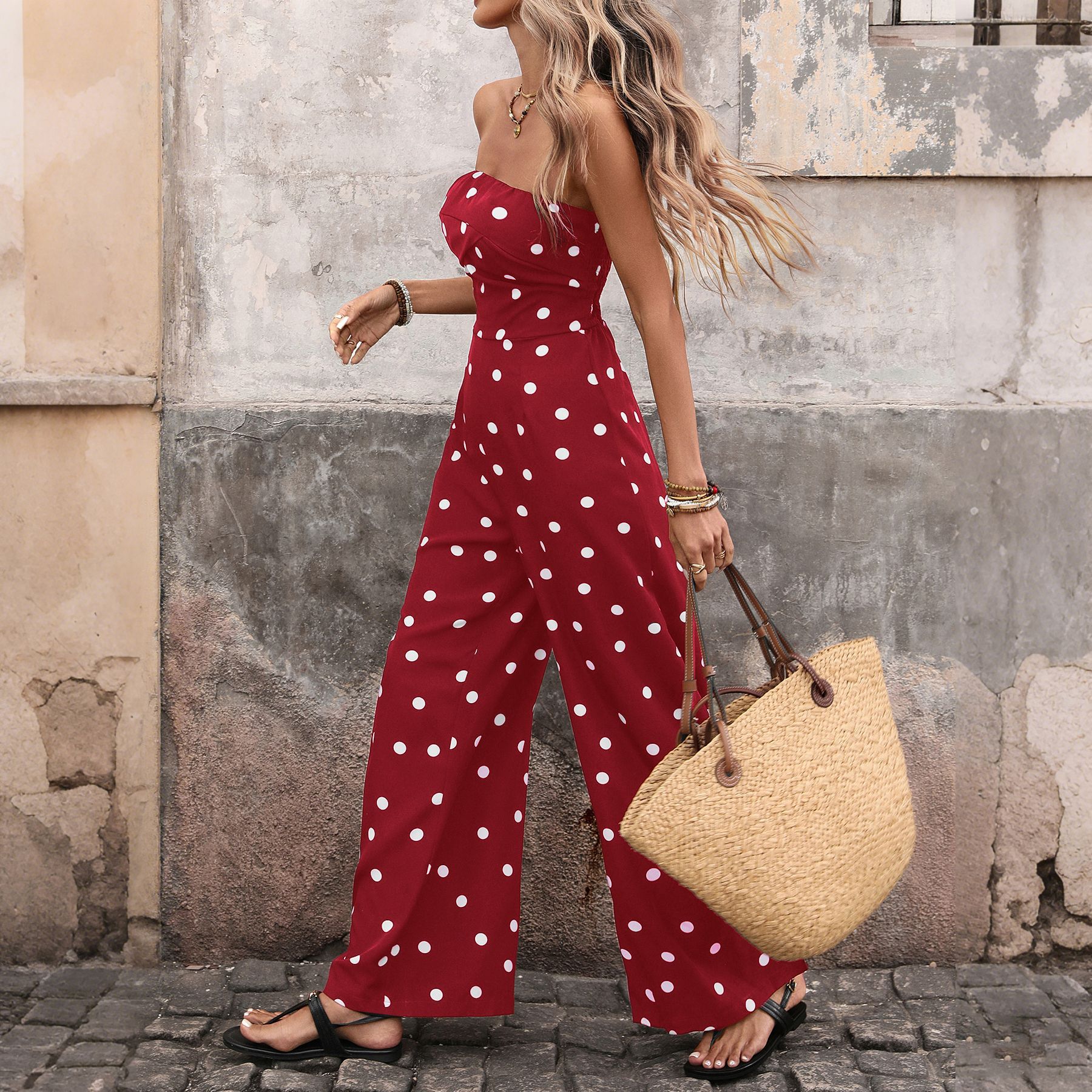 Palazzo Pant Wide - Women's Polka Dot Strapless Tube Top