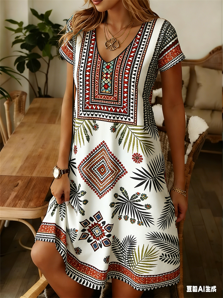 Summer Upf Clothing - Ethnic Style Women Dress Summer V-Neck