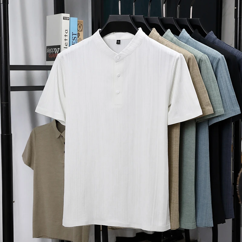 Mens Mandarin Collar Half Plac - Summer Clothing Trends avaliação e preço