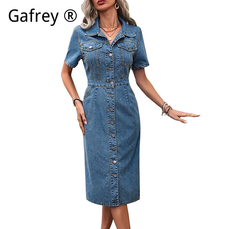 Plus Size Women Lapel Denim Dr - Summer Upf Clothing avaliação e preço